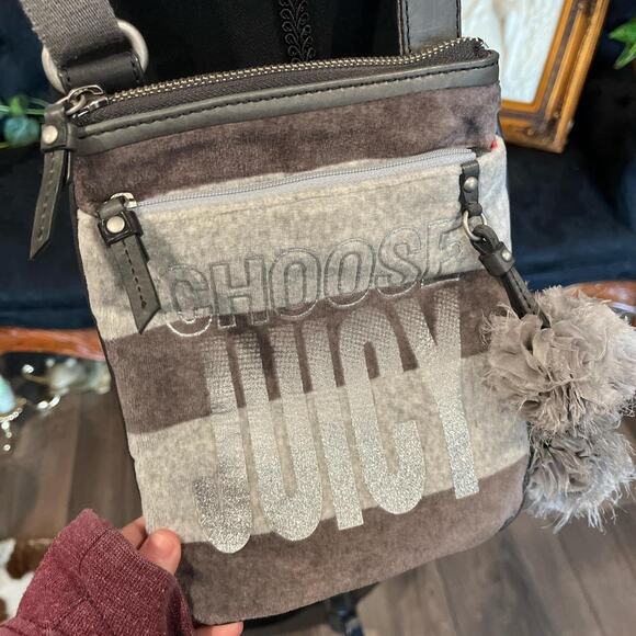 Vintage Y2K Juicy Couture Terry Cloth Crossbody Bag Gray Striped with Pom Pom - Picture 2 of 5